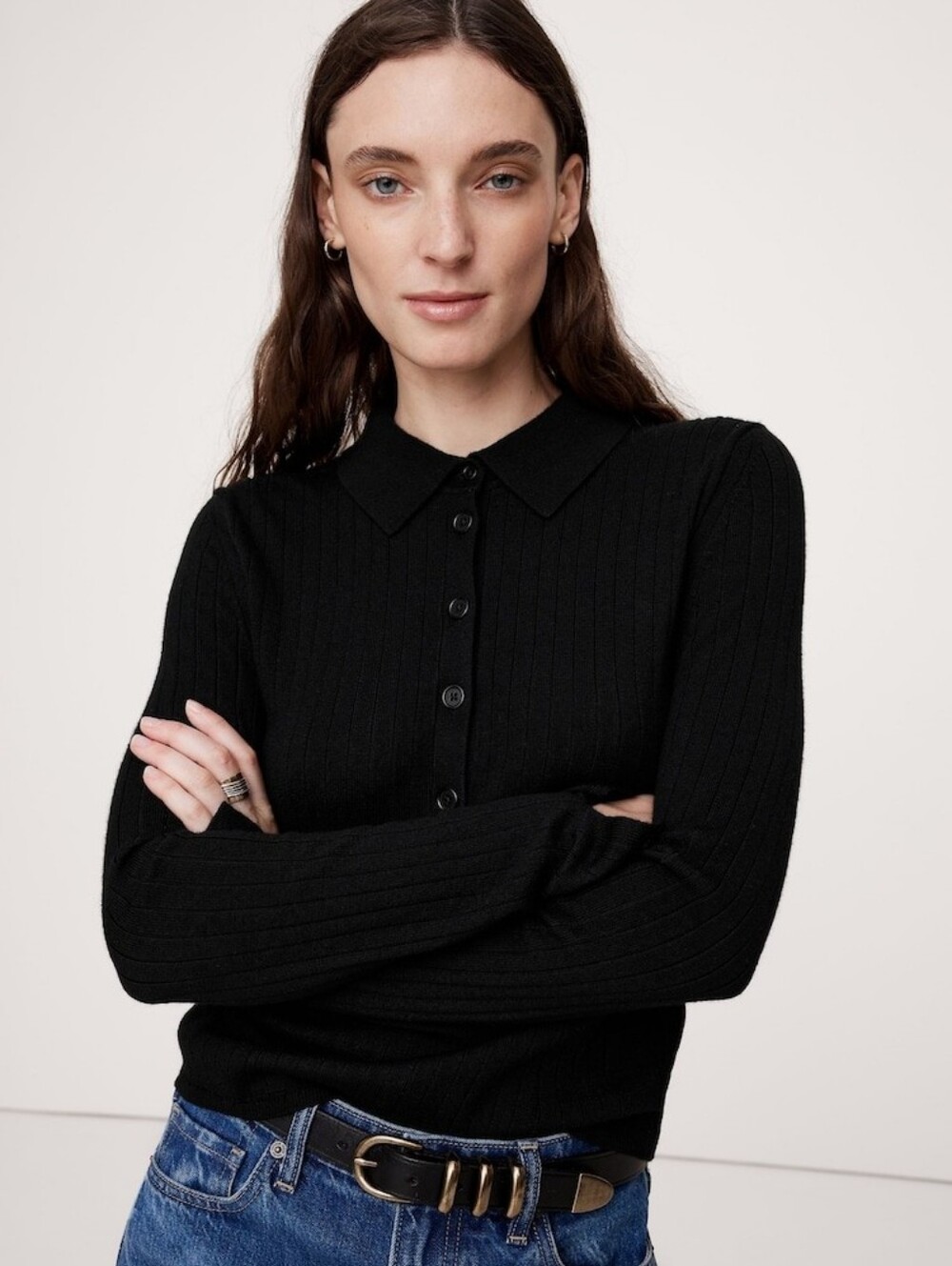 Banana Republic Women's Ribbed Merino Black Sweater Polo sz Medium